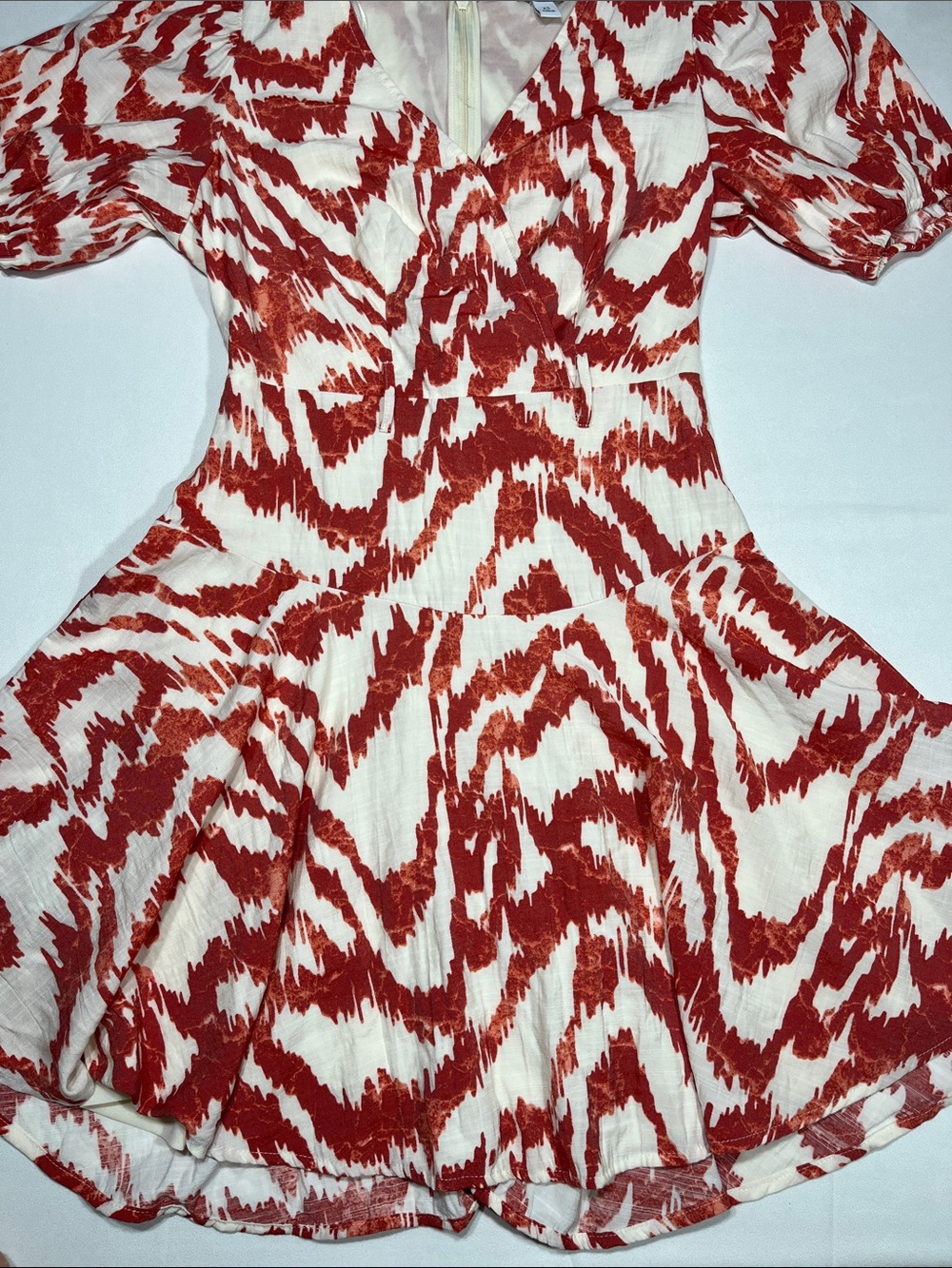 Nine West XS Rust Ivory Abstract Print Wrap‎ Style Midi Dress Puff Sleeve